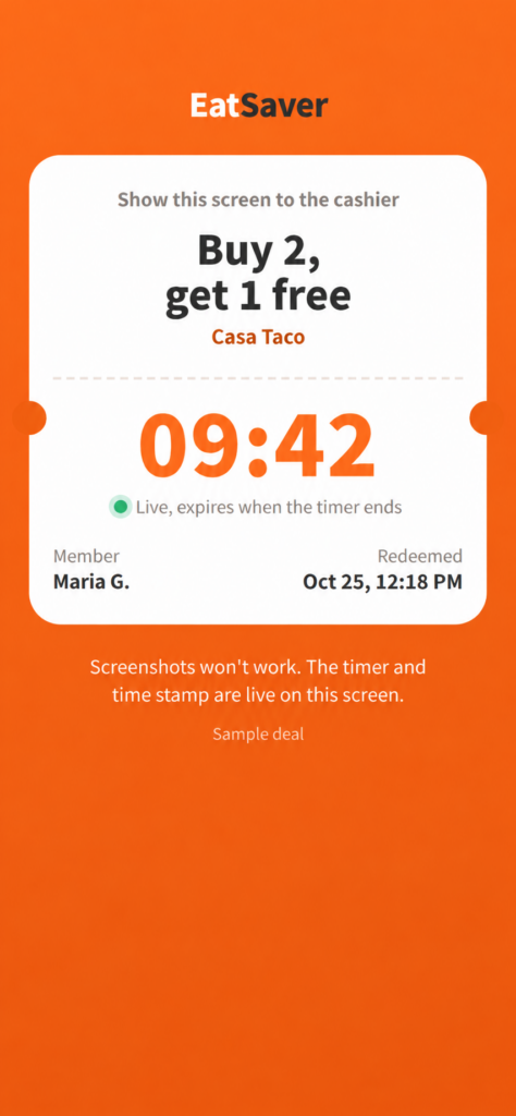 EatSaver app redeem screen with live countdown timer