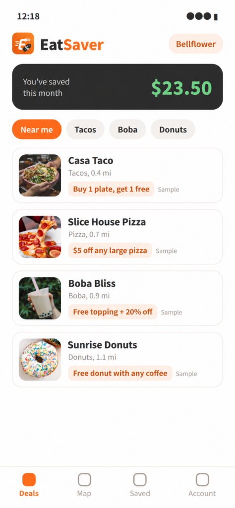 EatSaver app screen showing local deals near you
